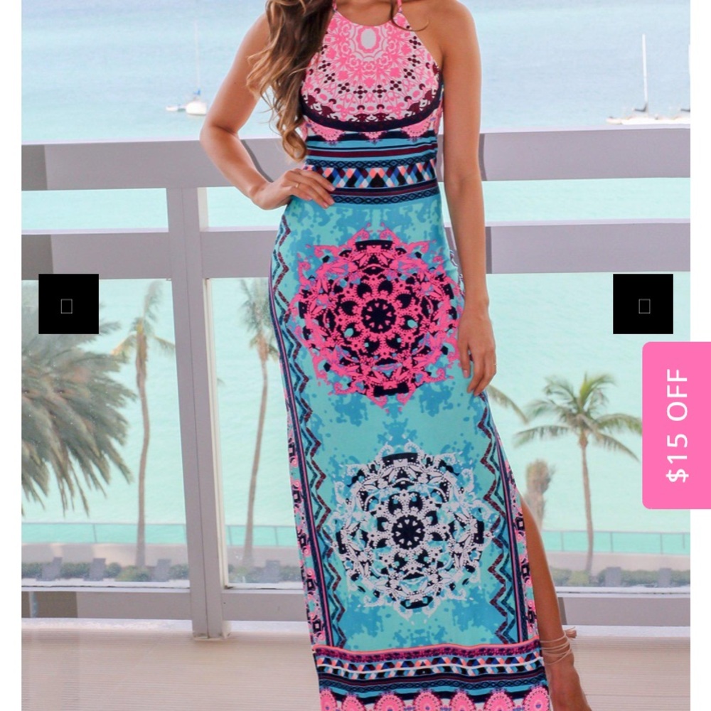 Pink and blue maxi dress
